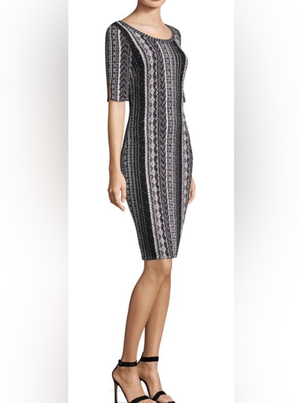 St. John Striped Tweed Short Sleeve Sheath Dress Sheath Dress Black & Pink Size